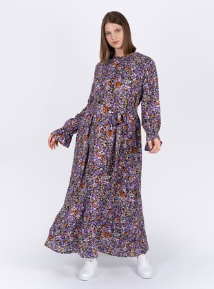 Lilac - Floral - Unlined - Crew neck - Plus Size Dress - XANZAD