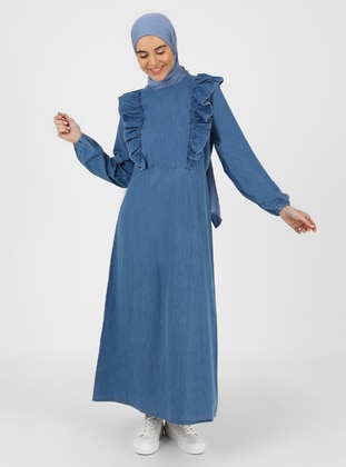 Natural Fabric Ruffle Detailed Denim Modest Dress Blue