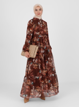 Brown - Floral - Crew neck - Fully Lined - Modest Dress - BÜRÜN