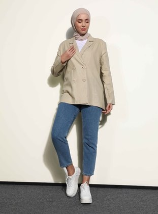 Beige - Fully Lined - Double-Breasted - Jacket - Refka