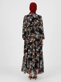 Black - Floral - Crew neck - Fully Lined - Modest Dress