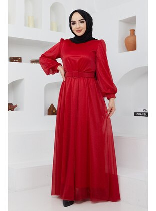 Red - Fully Lined - Modest Evening Dress - İmaj Butik