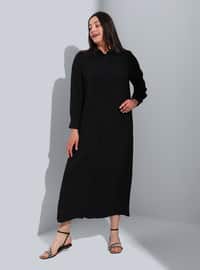 Plus Size Pointed Collar Button Down Modest Dress Black