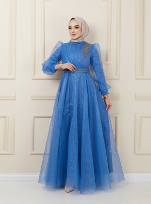 Blue - Silvery - Fully Lined - Crew neck - Modest Evening Dress - Olcay