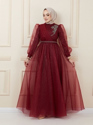 Maroon - Silvery - Fully Lined - Crew neck - Modest Evening Dress - Olcay