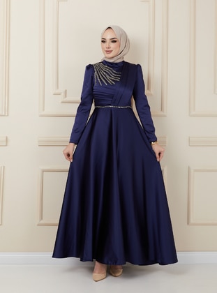 Satin Hijab Evening Dress With Pleated Front And Bead Detail Navy Blue