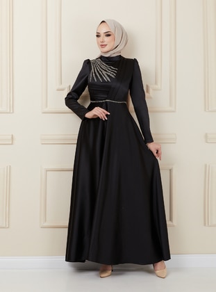 Front Pleated And Bead Detailed Satin Hijab Evening Dress Black