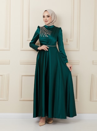 Front Pleated And Bead Detailed Satin Hijab Evening Dress Green