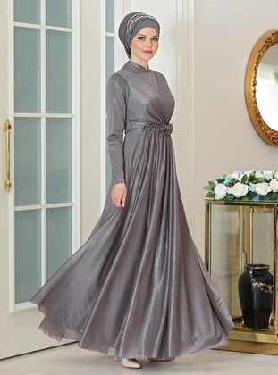  - Silvery - Fully Lined - Crew neck - Modest Evening Dress - Ahunisa