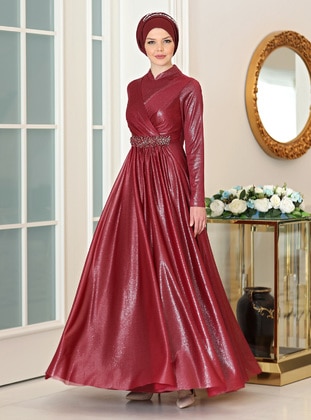 Maroon - Silvery - Fully Lined - Crew neck - Modest Evening Dress - Ahunisa