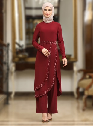 Sude Double Hijab Evening Dress Suit Burgundy