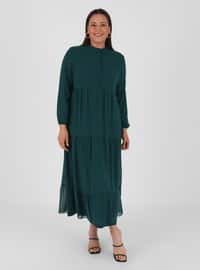 Büyük Beden Hacimli Katlı Şifon Elbise - Yeşil