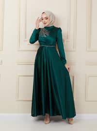 Front Pleated And Bead Detailed Satin Hijab Evening Dress Green