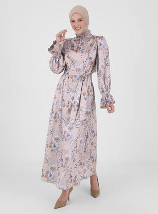 Floral Patterned Satin Modest Dress With Gipeli Collar Mink Gray