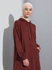Kangaroo Pocket Hooded Modest Dress Dark Brown