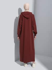 Kangaroo Pocket Hooded Modest Dress Dark Brown