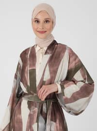 Unlined - Multi - Brown - V neck Collar - Kimono