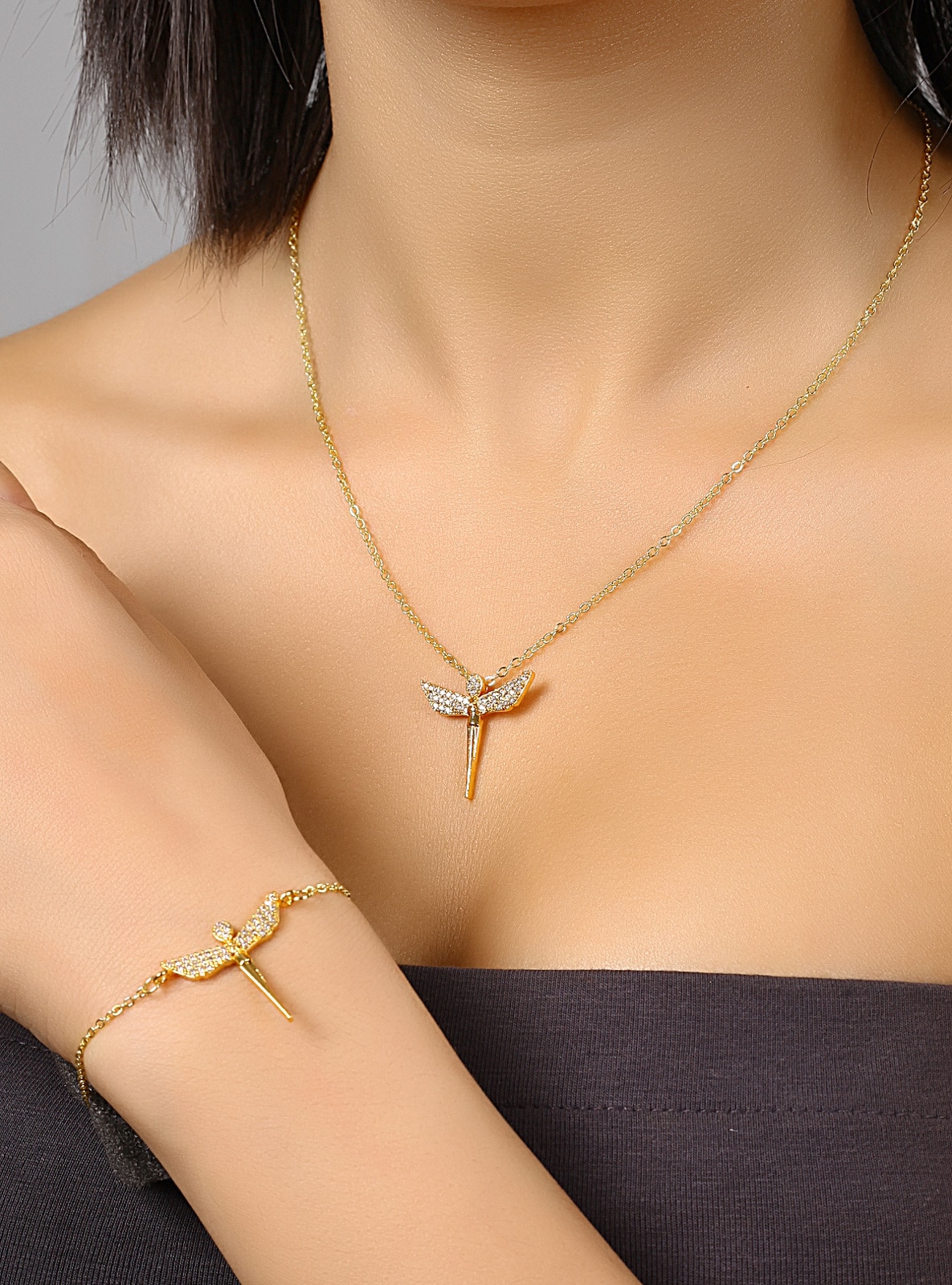 Zircon Stone Angel Necklace Bracelet Set Gold Color