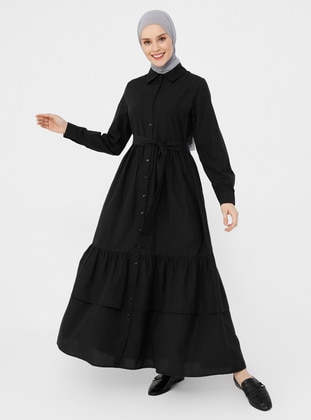 Black - Point Collar - Unlined - Modest Dress - Refka