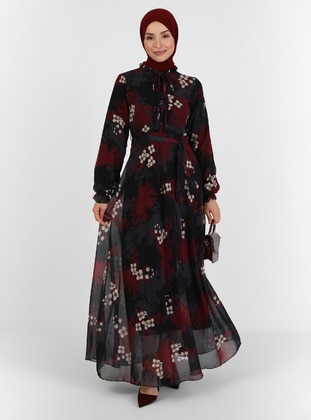 Black - Floral - V neck Collar - Fully Lined - Modest Dress - BÜRÜN