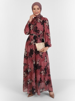 Frill Detailed Patterned Modest Dress Rose