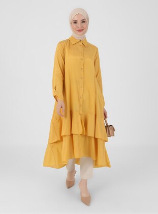 Modest Dress Mustard With Flounced Skirt