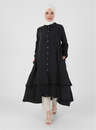 Modest Dress Black With Flared Skirt