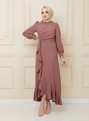 Dusty Rose - Unlined - Crew neck - Modest Evening Dress - Olcay