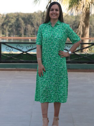 Green - Multi - Point Collar - Unlined - Modest Dress - MACARONN