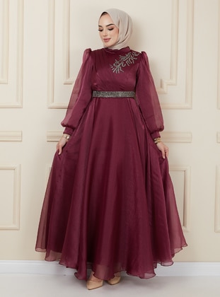 Maroon - Fully Lined - Crew neck - Modest Evening Dress - Olcay