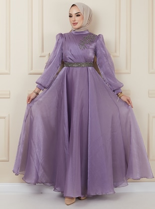 Lilac - Fully Lined - Crew neck - Modest Evening Dress - Olcay