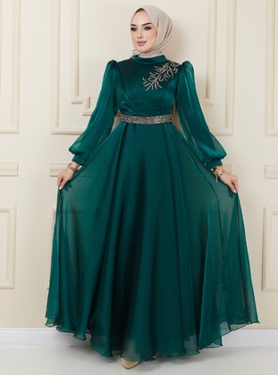 Green - Fully Lined - Crew neck - Modest Evening Dress - Olcay