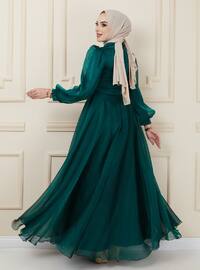 Silvery Hijab Evening Dress With Belt And Stone Detail On The Chest Green