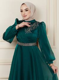Silvery Hijab Evening Dress With Belt And Stone Detail On The Chest Green