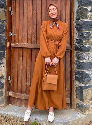 Camel - Point Collar - Unlined - Modest Dress - Ceylan Otantik