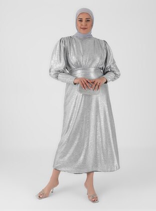 Silver tone - Fully Lined - Crew neck - Modest Plus Size Evening Dress - Emsale