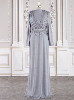 Gray - Silvery - Fully Lined - Crew neck - Modest Evening Dress - LARACHE
