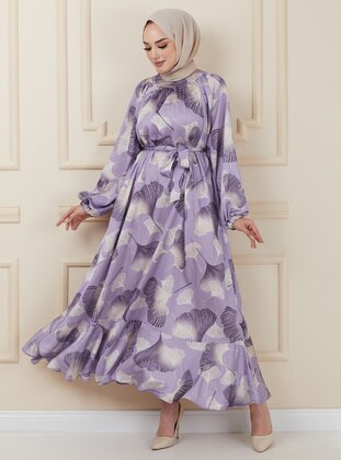 Lilac - Multi - Crew neck - Unlined - Modest Dress - Olcay