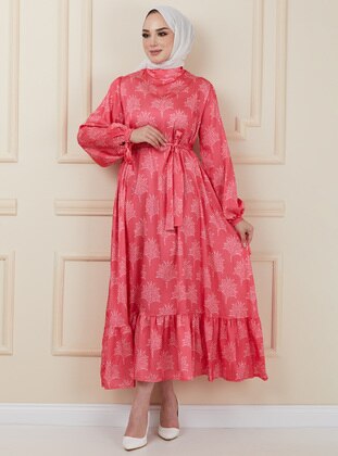 Coral - Multi - Crew neck - Unlined - Modest Dress - Olcay