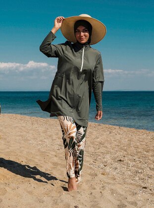 Patterned Design Full Covered Hijab Swimsuit Khaki