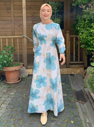 Turquoise - Floral - Crew neck - Unlined - Modest Dress - Ceylan Otantik
