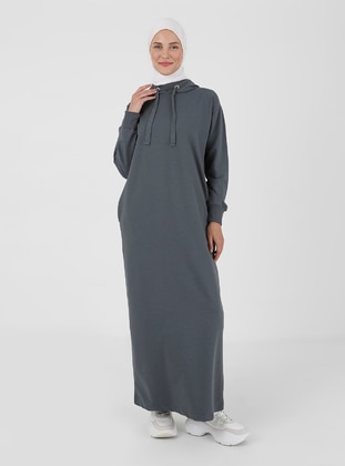 Cotton Fabric Hooded Modest Dress Granite