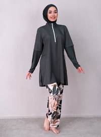 Patterned Full Cover Hijab Swimsuit Khaki