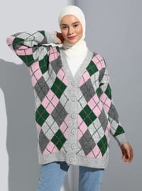 Plaid Patterned Pocket Detailed Sweater Cardigan Anthracite