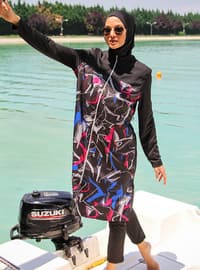 Black - Multi - Full Coverage Swimsuit Burkini - Mayo