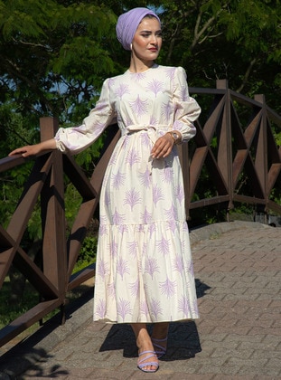 Lilac - Multi - Crew neck - Unlined - Modest Dress - Sevit-Li