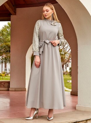 Sequin Detailed Hijab Evening Dress Gray
