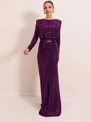 Long Sleeve Front Shirred Lined Evening Dress With Lined Waist Belt Sequinayet Long Hijab Evening Dress Purple