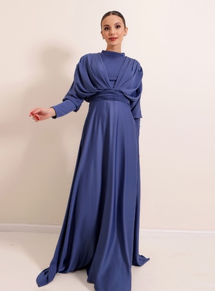 Front Back Shirred Sleeves Button Detailed Lined Long Satin Hijab Evening Dress Indigo