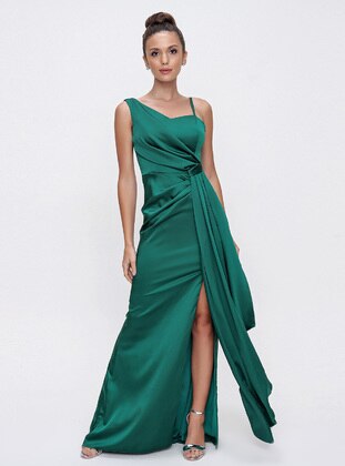 Fully Lined - Green - V neck Collar - Evening Dresses - By Saygı